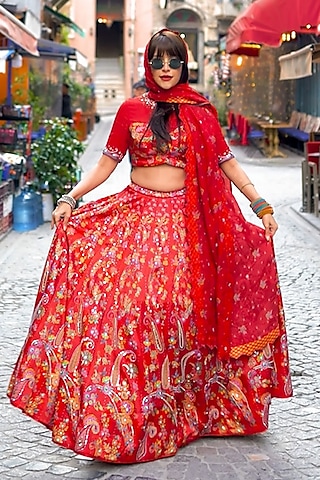 Red Gaji Butti Silk Embroidered Lehenga Set by Saundh