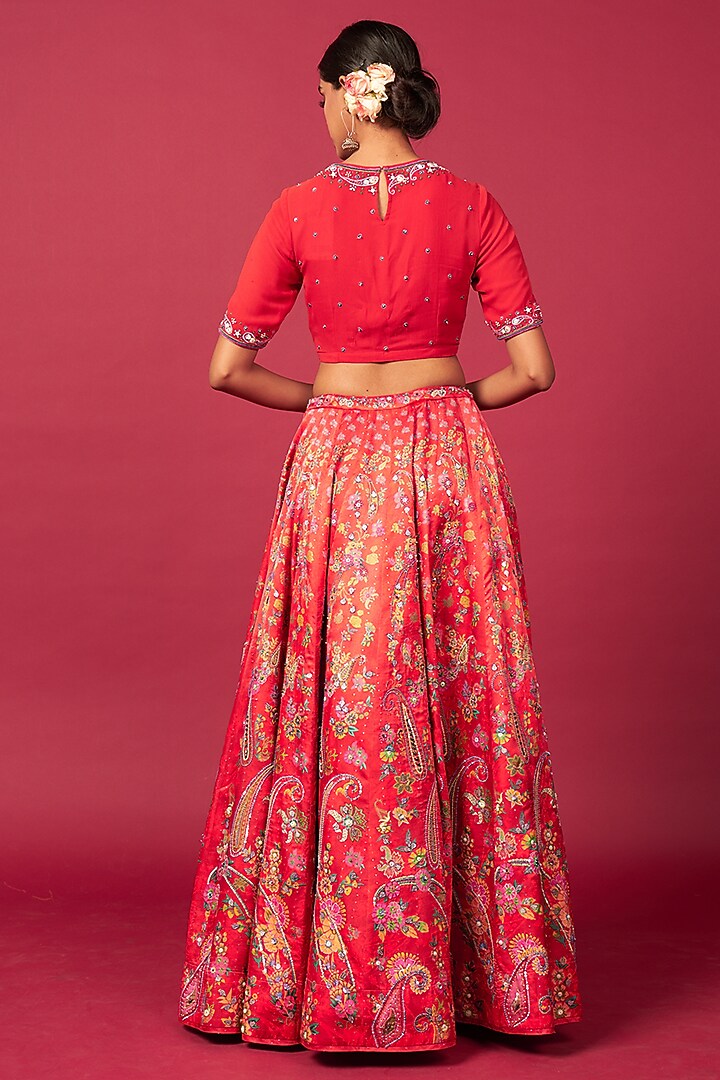 Red Gaji Butti Silk Embroidered Wedding Lehenga Set by Saundh at Pernia's Pop Up Shop