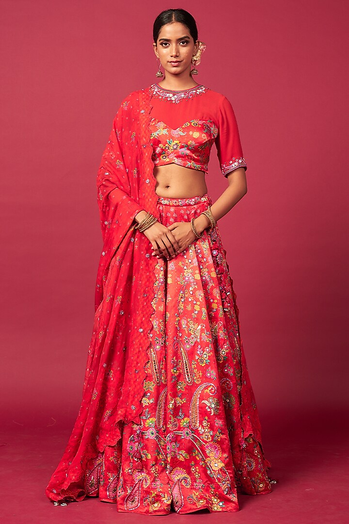 Red Gaji Butti Silk Embroidered Wedding Lehenga Set by Saundh at Pernia's Pop Up Shop