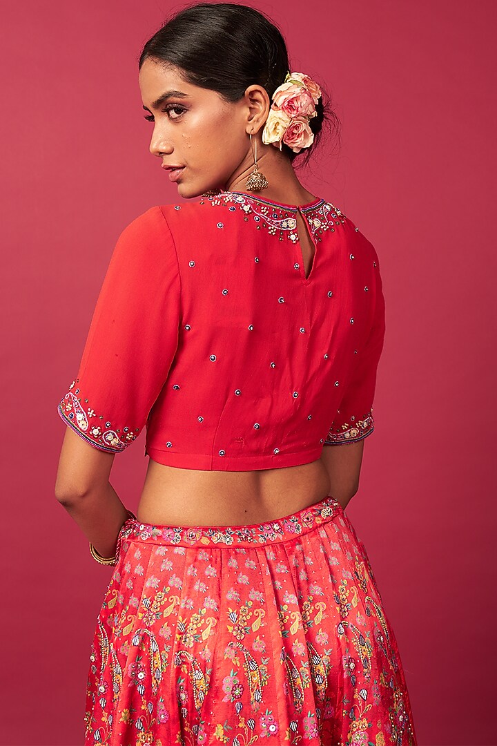 Red Gaji Butti Silk Embroidered Wedding Lehenga Set by Saundh at Pernia's Pop Up Shop