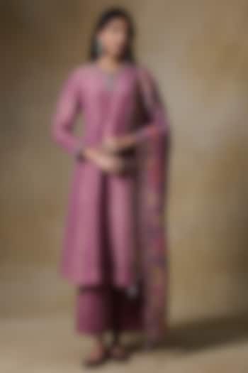 Pink Viscose Tissue & Tissue Silk Embroidered A-Line Kurta Set by Saundh at Pernia's Pop Up Shop