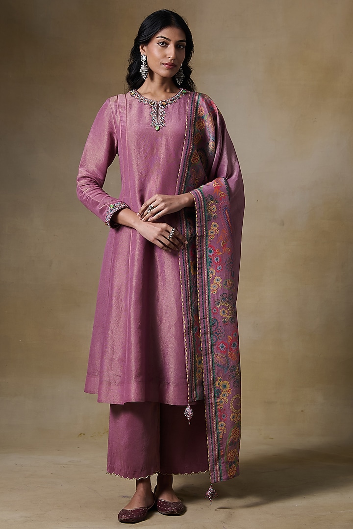 Pink Viscose Tissue & Tissue Silk Embroidered A-Line Kurta Set by Saundh at Pernia's Pop Up Shop