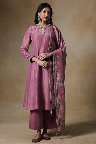 Pink Viscose Tissue & Tissue Silk Embroidered A-Line Kurta Set by Saundh
