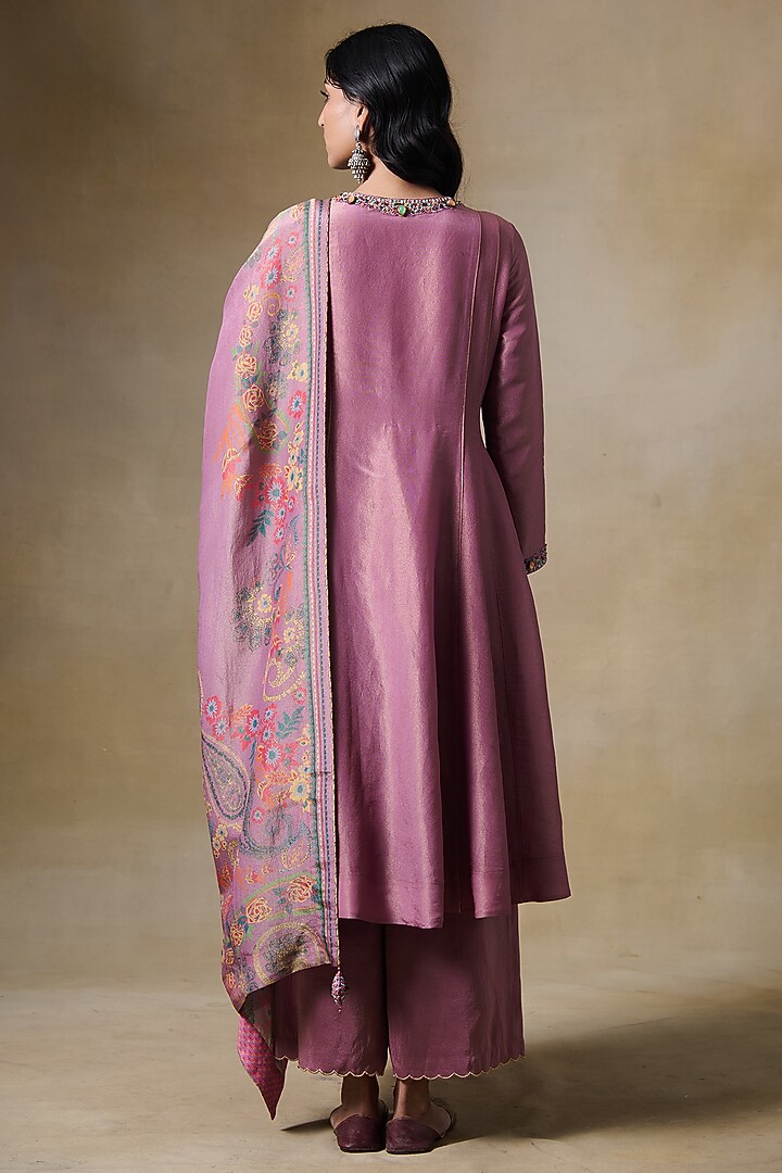 Pink Viscose Tissue & Tissue Silk Embroidered A-Line Kurta Set by Saundh at Pernia's Pop Up Shop