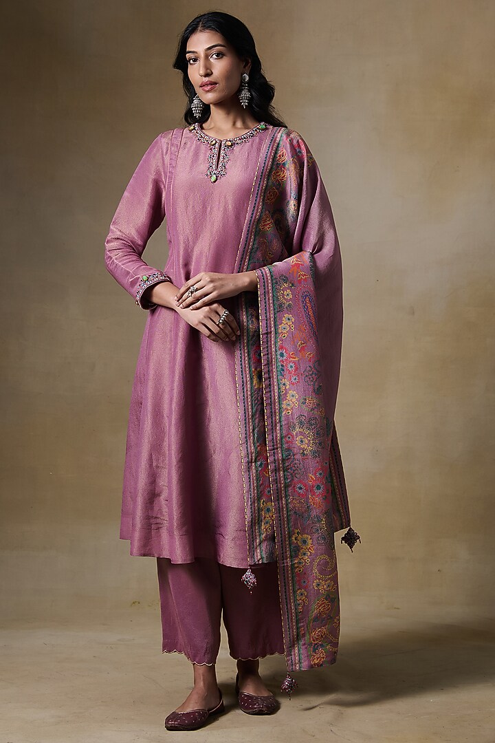 Pink Viscose Tissue & Tissue Silk Embroidered A-Line Kurta Set by Saundh at Pernia's Pop Up Shop