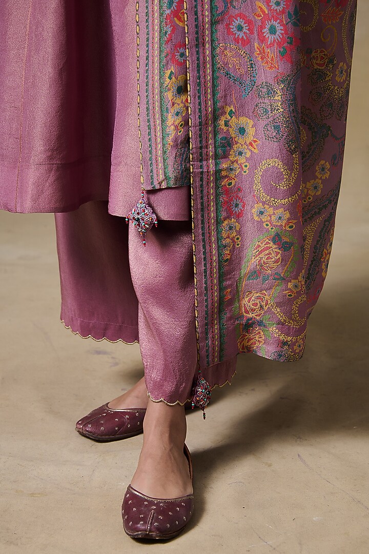 Pink Viscose Tissue & Tissue Silk Embroidered A-Line Kurta Set by Saundh at Pernia's Pop Up Shop