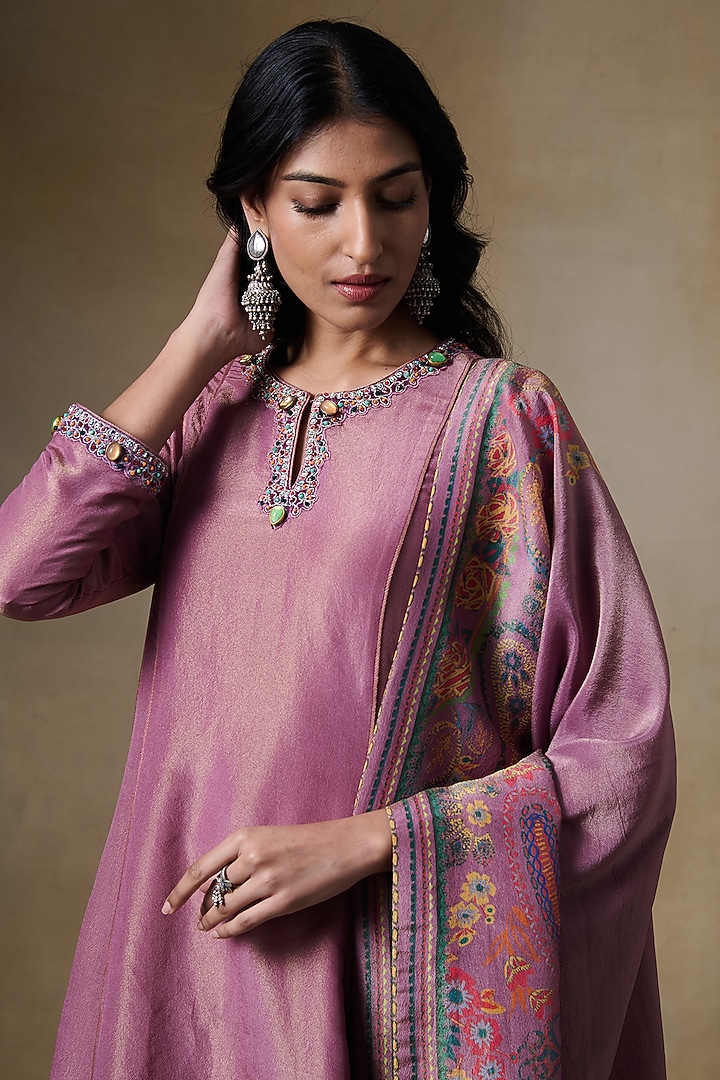 Pink Viscose Tissue & Tissue Silk Embroidered A-Line Kurta Set by Saundh at Pernia's Pop Up Shop
