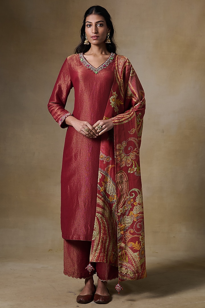 Rust Viscose Tissue & Tissue Silk Embroidered Kurta Set by Saundh at Pernia's Pop Up Shop