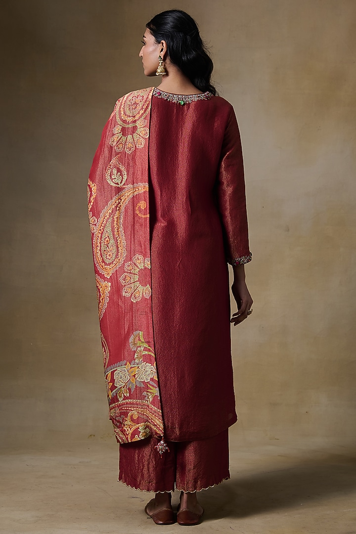 Rust Viscose Tissue & Tissue Silk Embroidered Kurta Set by Saundh at Pernia's Pop Up Shop