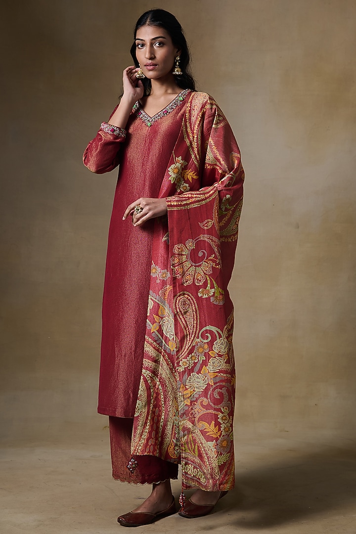 Rust Viscose Tissue & Tissue Silk Embroidered Kurta Set by Saundh at Pernia's Pop Up Shop