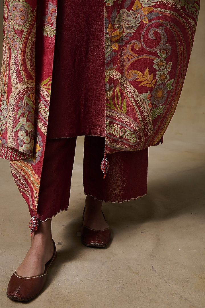 Rust Viscose Tissue & Tissue Silk Embroidered Kurta Set by Saundh at Pernia's Pop Up Shop