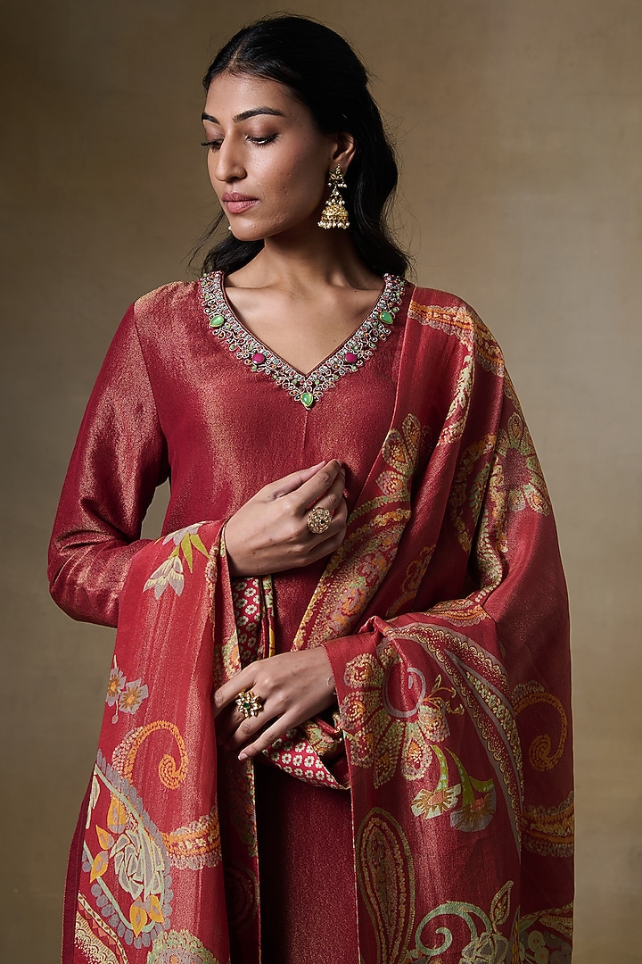 Rust Viscose Tissue & Tissue Silk Embroidered Kurta Set by Saundh at Pernia's Pop Up Shop