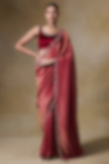 Maroon Tissue Silk & Viscose Tissue Cord Embroidered Festive Saree Set by Saundh at Pernia's Pop Up Shop