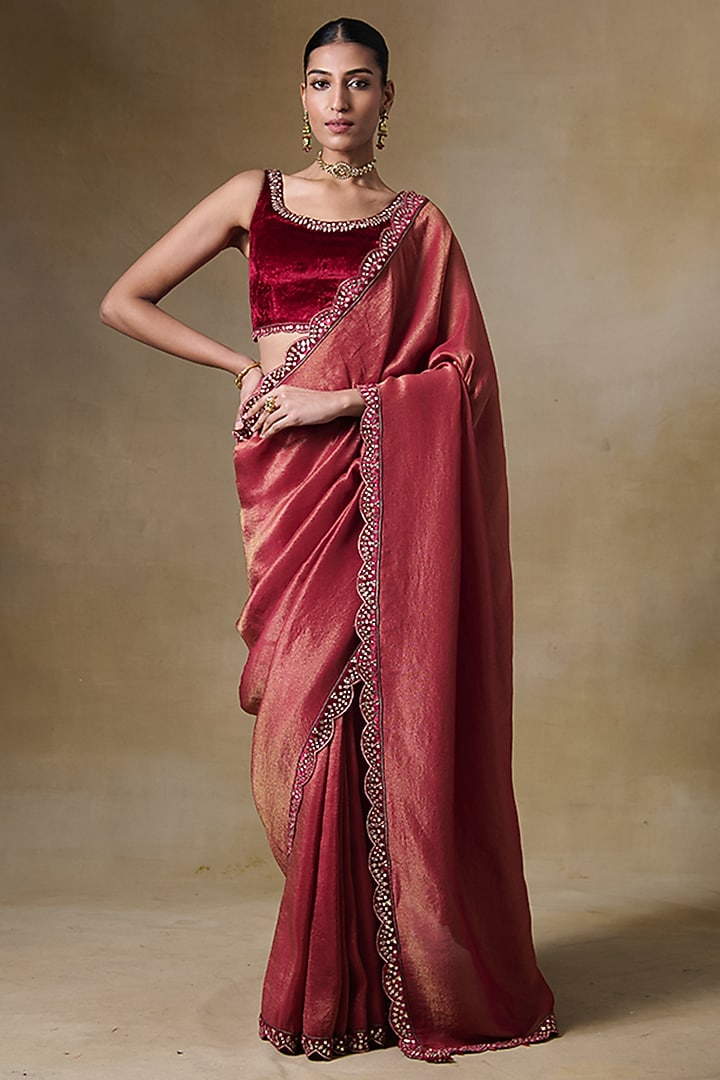Maroon Tissue Silk & Viscose Tissue Cord Embroidered Festive Saree Set by Saundh at Pernia's Pop Up Shop