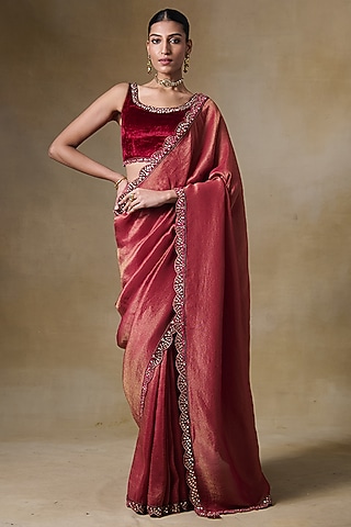 Maroon Tissue Silk & Viscose Tissue Cord Embroidered Saree Set by Saundh