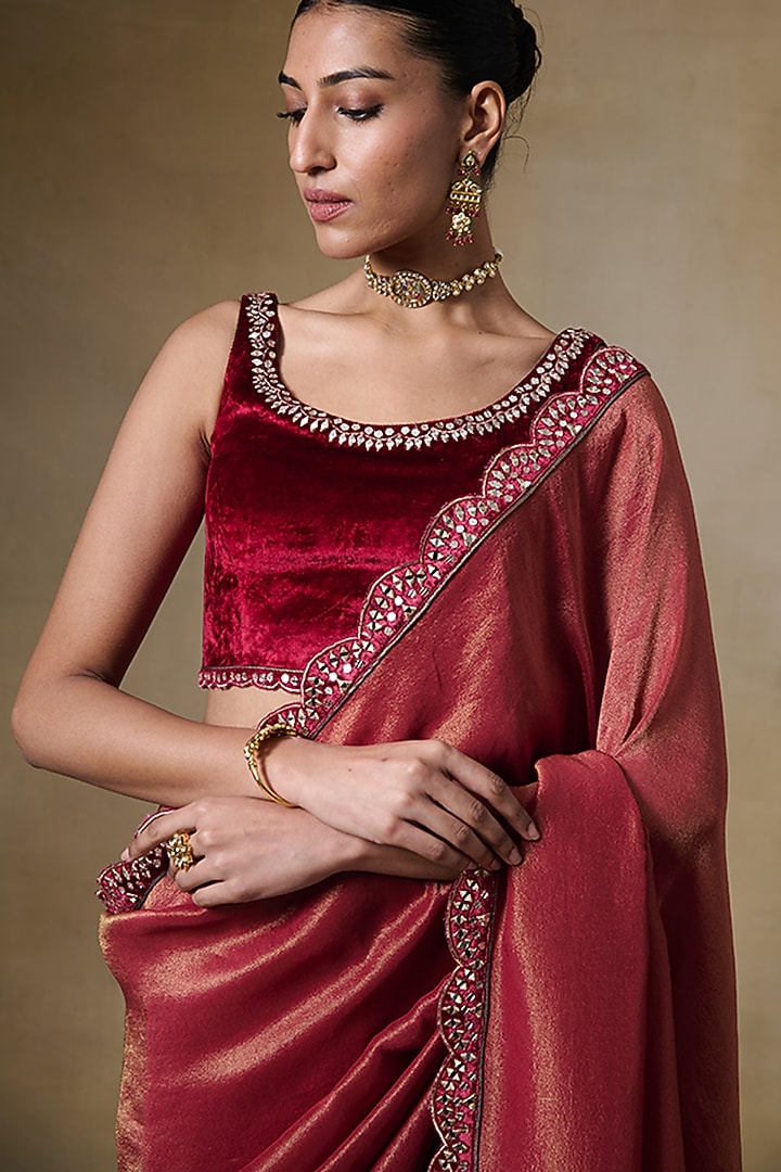 Maroon Tissue Silk & Viscose Tissue Cord Embroidered Festive Saree Set by Saundh at Pernia's Pop Up Shop