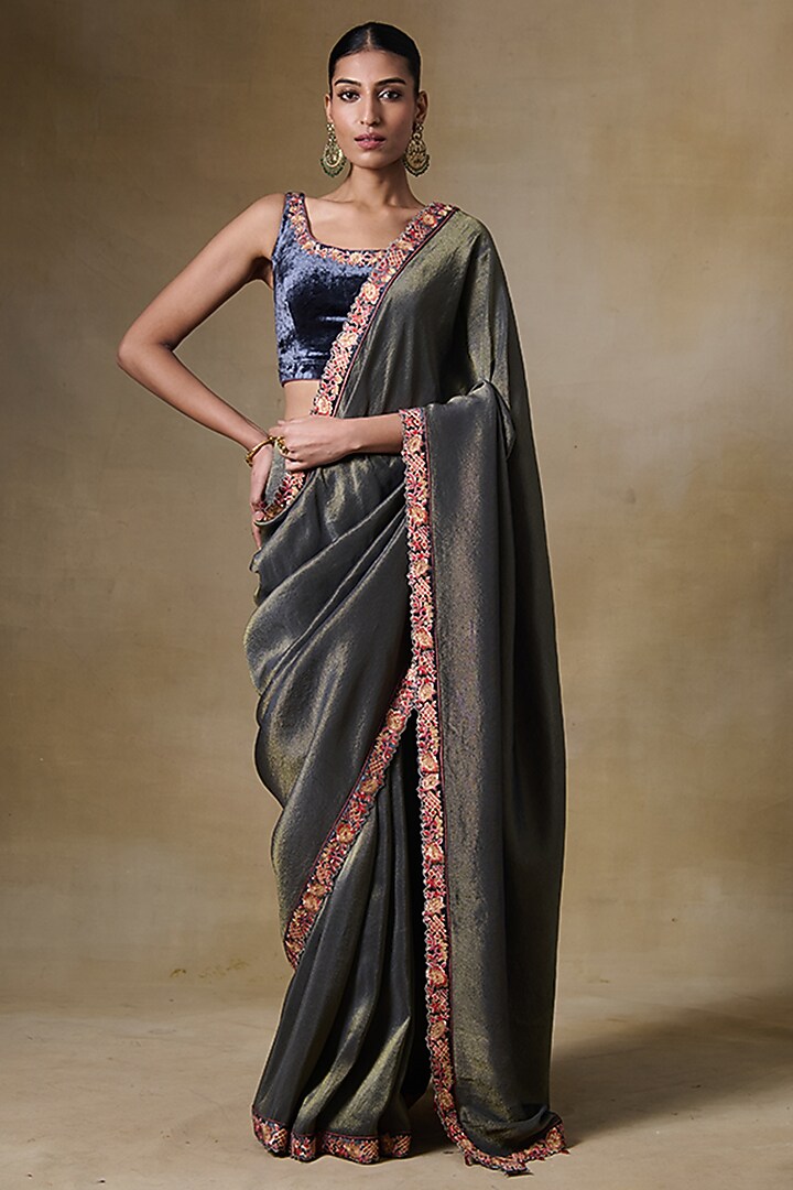 Grey Tissue Silk & Viscose Tissue Cord Embroidered Festive Saree Set by Saundh at Pernia's Pop Up Shop