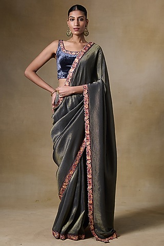 Grey Tissue Silk & Viscose Tissue Cord Embroidered Saree Set by Saundh