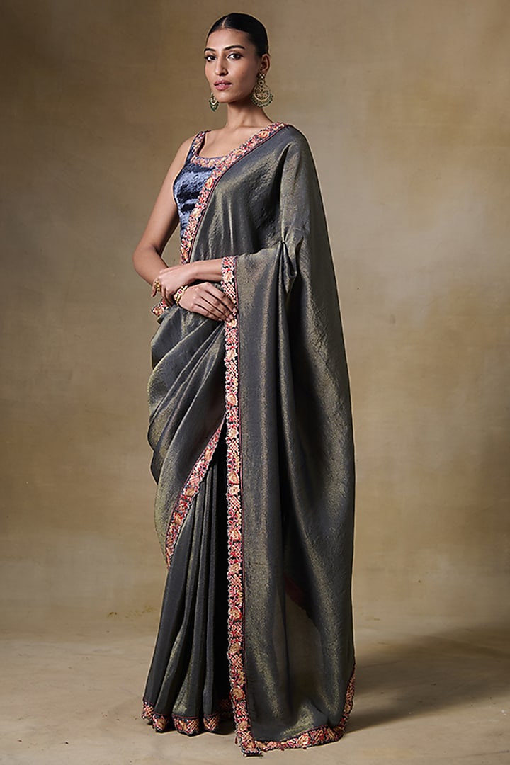 Grey Tissue Silk & Viscose Tissue Cord Embroidered Festive Saree Set by Saundh at Pernia's Pop Up Shop