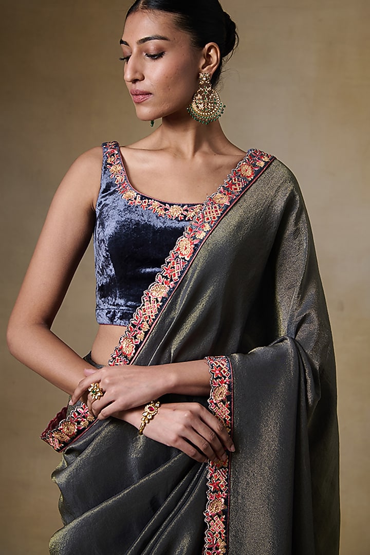 Grey Tissue Silk & Viscose Tissue Cord Embroidered Festive Saree Set by Saundh at Pernia's Pop Up Shop