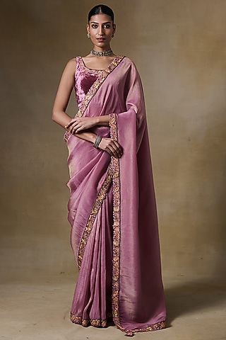 Pink Tissue Silk & Viscose Tissue Cord Embroidered Saree Set by Saundh