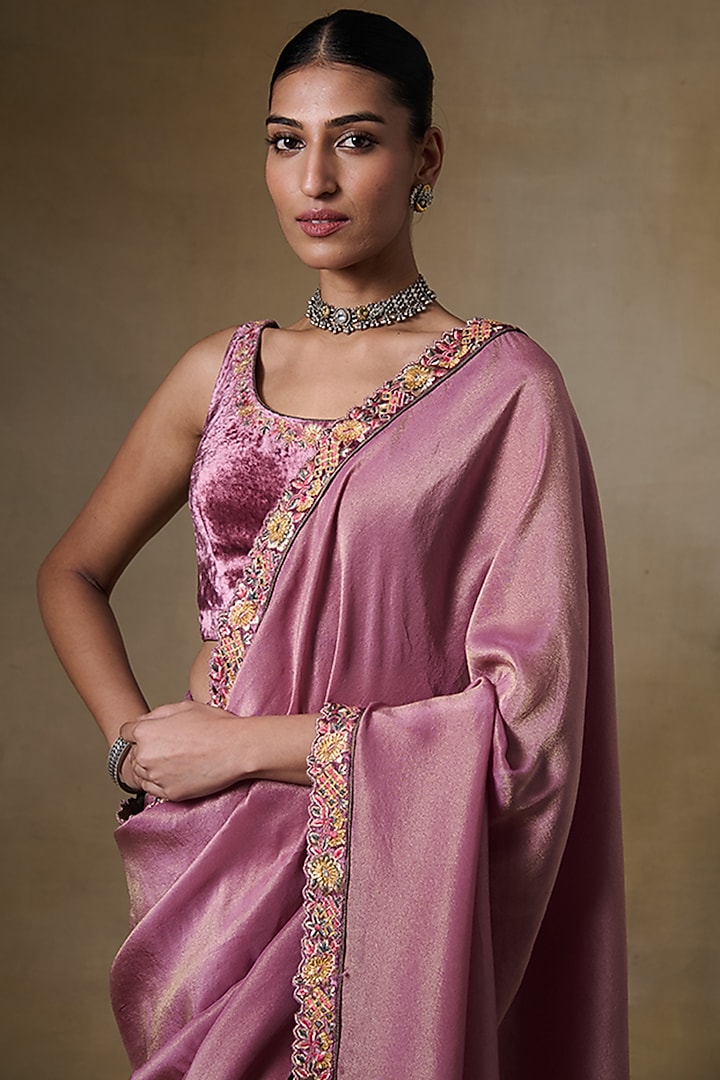 Pink Tissue Silk & Viscose Tissue Cord Embroidered Festive Saree Set by Saundh at Pernia's Pop Up Shop
