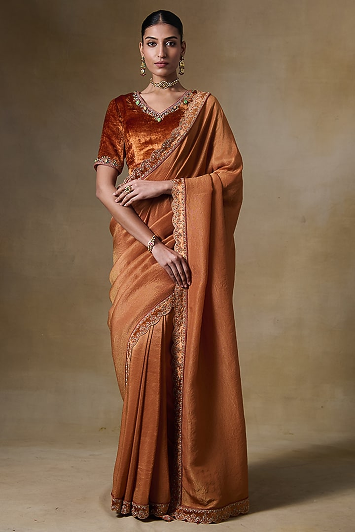 Orange Tissue Silk & Viscose Tissue Cord Embroidered Festive Saree Set by Saundh at Pernia's Pop Up Shop