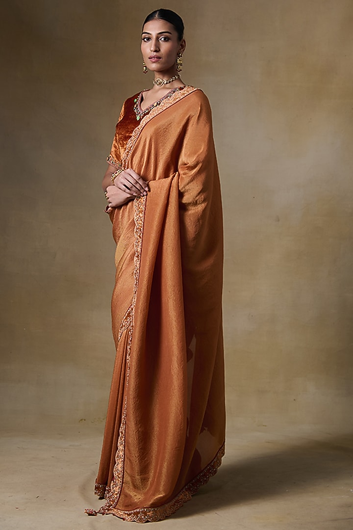 Orange Tissue Silk & Viscose Tissue Cord Embroidered Festive Saree Set by Saundh at Pernia's Pop Up Shop