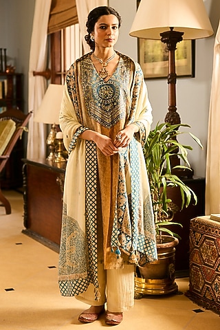 Cream Viscose Silk Printed & Sequins Embroidered Kurta Set by Saundh