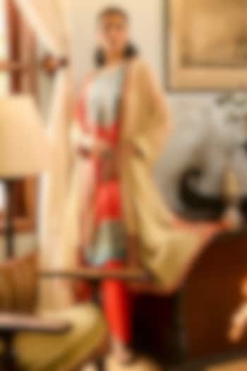 Orange Raw Silk Printed & Resham Embroidered Kurta Set by Saundh at Pernia's Pop Up Shop