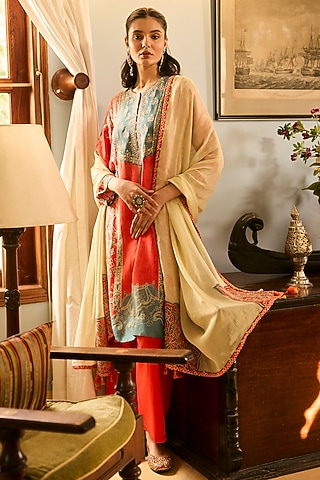 Orange Raw Silk Printed & Resham Embroidered Kurta Set by Saundh