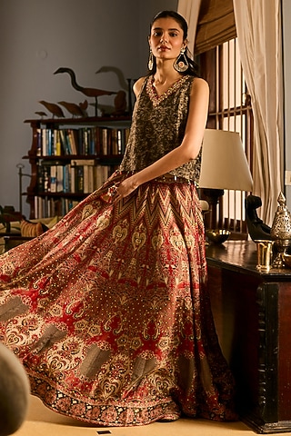 Red & Black Muslin Silk Printed Lehenga Set by Saundh