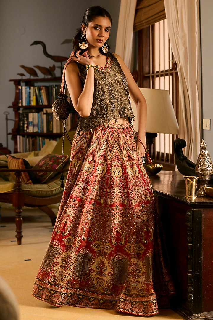 Red & Black Muslin Silk Printed Lehenga Set by Saundh at Pernia's Pop Up Shop