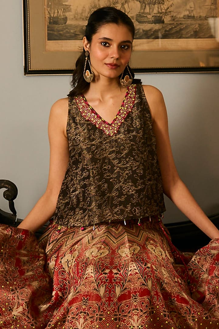 Red & Black Muslin Silk Printed Lehenga Set by Saundh at Pernia's Pop Up Shop