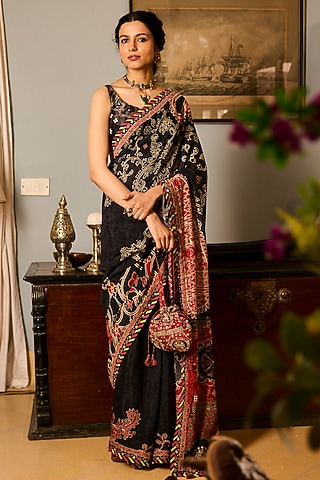 Black Muslin Silk Printed & Resham Embroidered Saree Set by Saundh