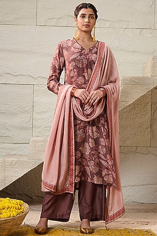 Brown Cotton Cambric Floral Printed Straight Kurta Set by Saundh