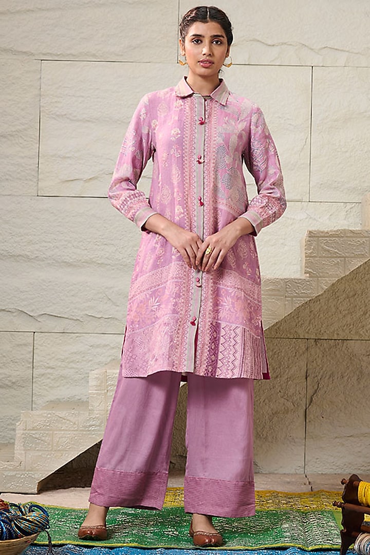 Purple Viscose Linen & Cotton Satin Printed Co-Ord Set by Saundh