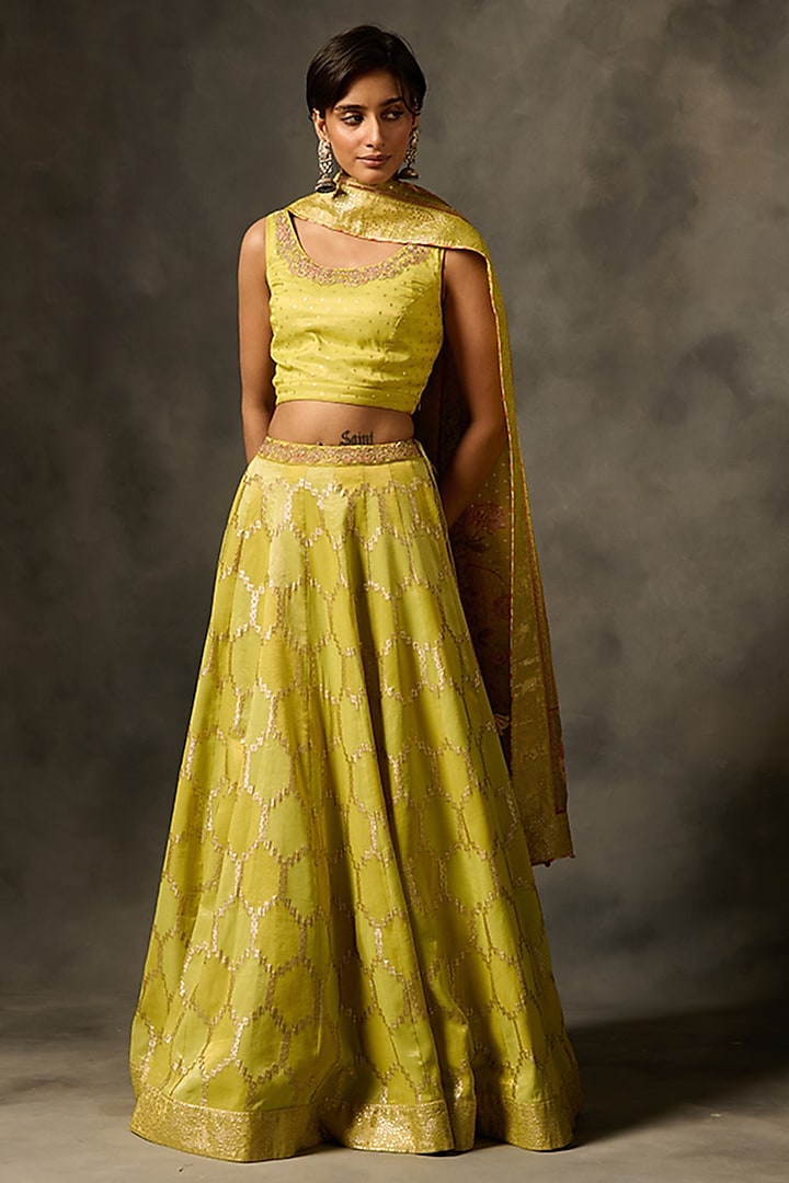 Green Viscose Tissue Jacquard Motif Lehenga Set by Saundh at Pernia's Pop Up Shop