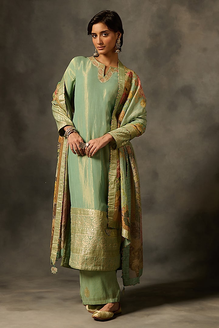 Green Viscose Tissue Jacquard Dori Embroidered Straight Kurta Set by Saundh at Pernia's Pop Up Shop