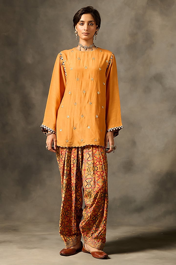 Orange Viscose Shimmer Zari Embroidered Co-Ord Set by Saundh at Pernia's Pop Up Shop