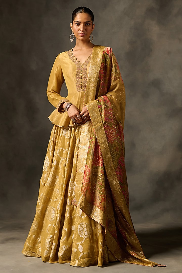 Yellow Viscose Tissue Jacquard Motif Lehenga Set by Saundh at Pernia's Pop Up Shop