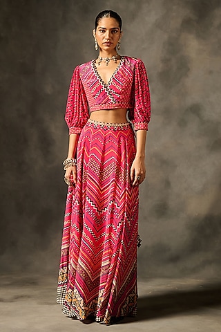 Pink Natural Crepe Printed Lehenga Set by Saundh