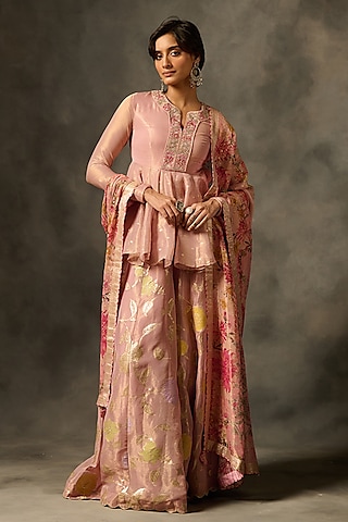 Pink Viscose Tissue Jacquard Motif Sharara Set by Saundh