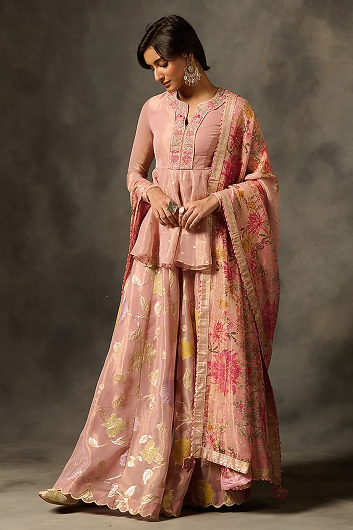 Pink Viscose Tissue Jacquard Motif Party Wear Sharara Set by Saundh at Pernia's Pop Up Shop