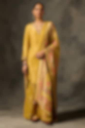 Yellow Viscose Tissue Jacquard Motif Short Kurta Set by Saundh at Pernia's Pop Up Shop