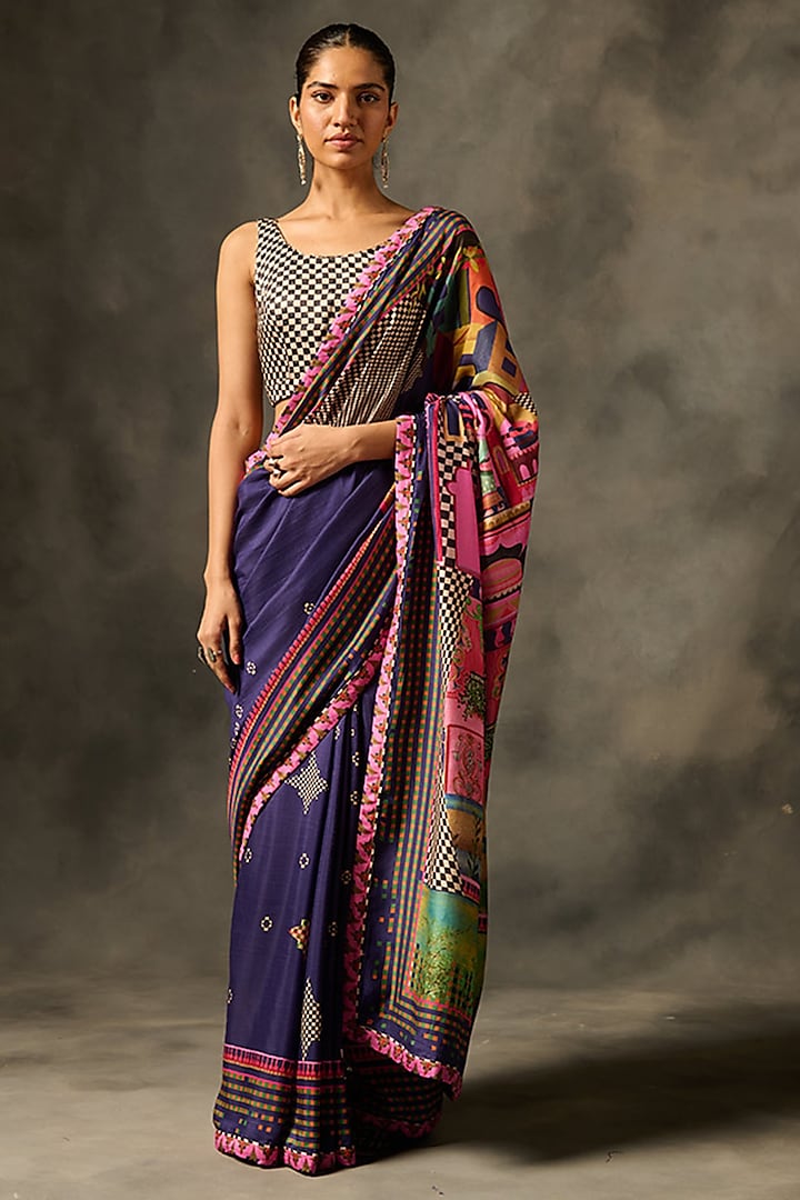 Purple Muslin Silk Masterprinted Saree Set by Saundh at Pernia's Pop Up Shop