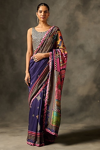 Purple Muslin Silk Masterprinted Saree Set by Saundh