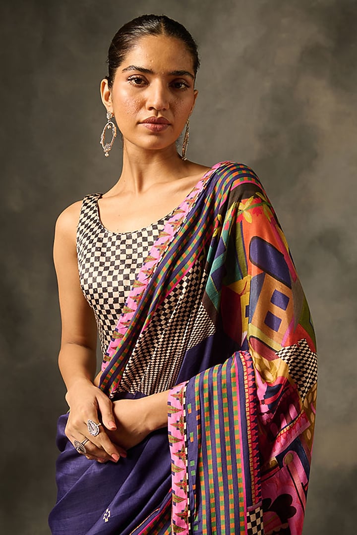 Purple Muslin Silk Masterprinted Festive Saree Set by Saundh at Pernia's Pop Up Shop