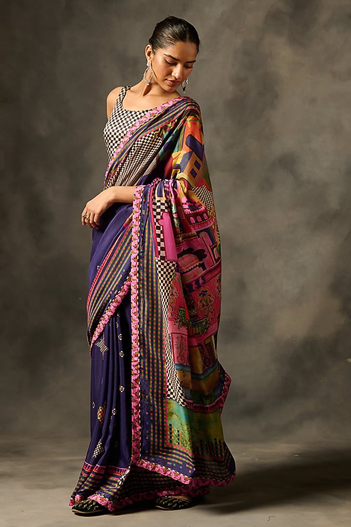 Purple Muslin Silk Masterprinted Festive Saree Set by Saundh at Pernia's Pop Up Shop