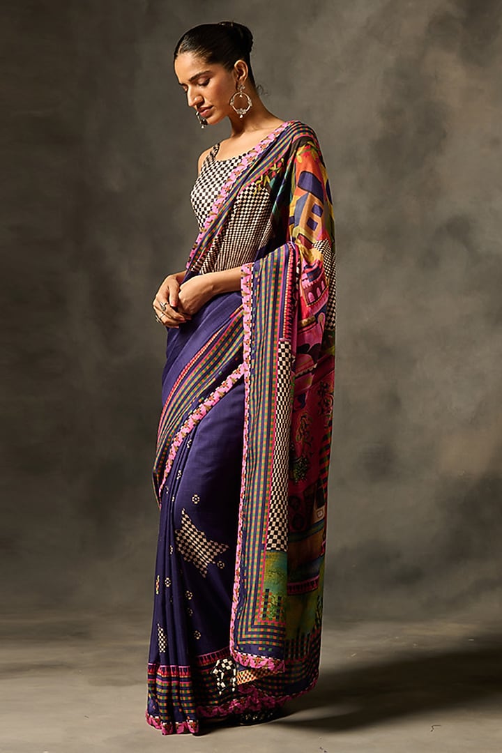 Purple Muslin Silk Masterprinted Festive Saree Set by Saundh at Pernia's Pop Up Shop